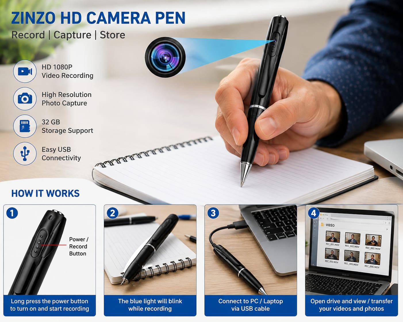 Zinzo 3-in-1 Premium HD 1080P Spy Camera Pen (32GB Included) 🖊️🎥